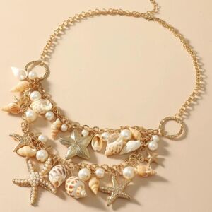 Gold Shell Starfish Charm Necklace Multi-Strand Coastal Boho Bold 18" + 2" NWOT